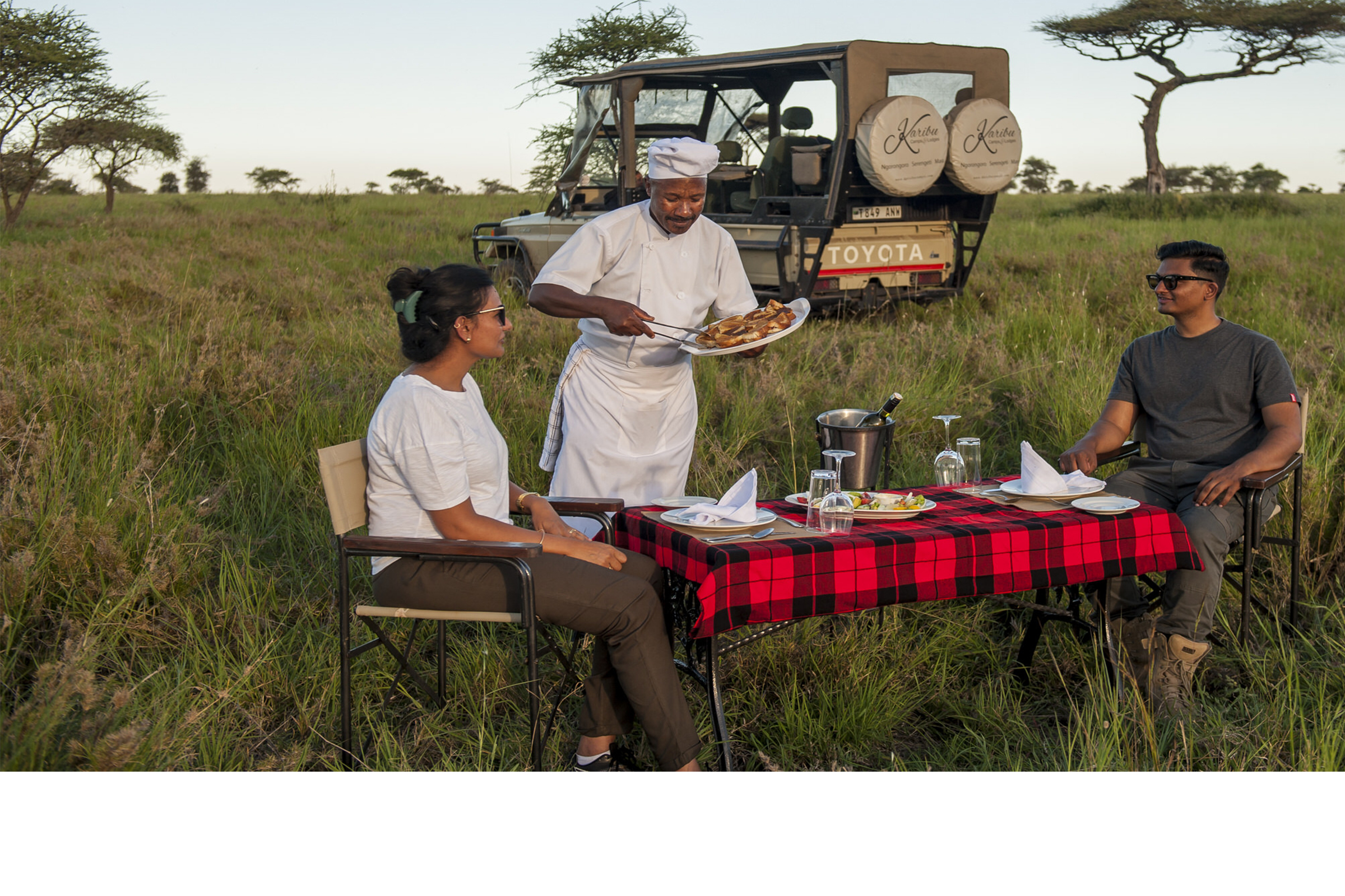 Travellers enjoying a bush breakfast beside their safari vehicle