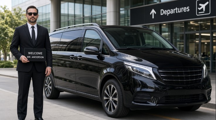 A chauffeur-driven executive car waiting for guests